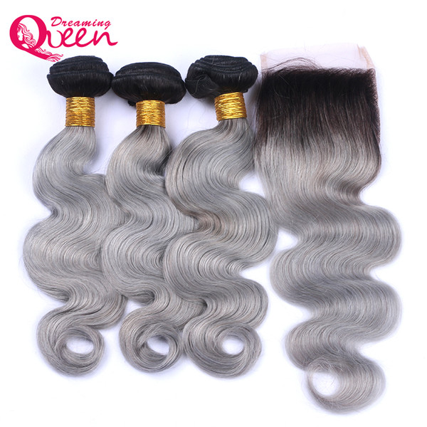 1B Grey Body Wave Ombre Brazilian Virgin Human Hair Bundles 3 Pcs Gray With 4x4 Lace Closure With Baby Hair Bleached Knots