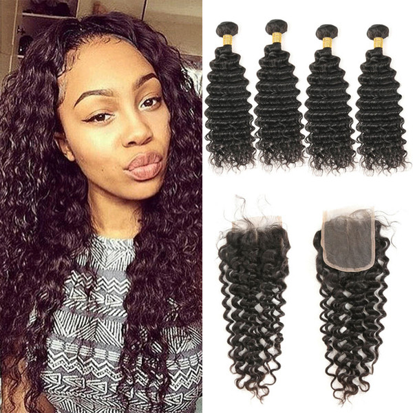 Peruvian Hair Weave Deep Wave 4 Bundles With 4*4 Free/Middle/Three Lace Closure 100% Human Hair Remy Hair Extensions Natural Color