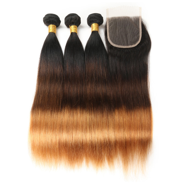 Ombre Brazilian Human Hair Bundles With Closure Straight Hair 3 Bundles With Lace Closure Honey Blonde 1b-4-30 Non-Remy Hair Extension