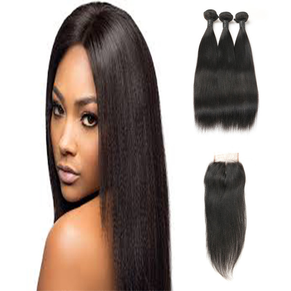 Cheap Hair Bundle 100G With Middle Part Closure Peruvian Unprocessed Virgin 3 Bundles Straight Hair Extensions