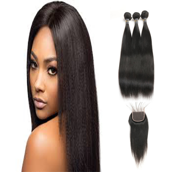 Hot Sale Natural Black Malaysian 100% Unprocessed Virgin 3 Bundles Human Hair Extensions With 3 Part Lace Closure