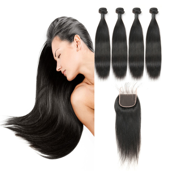 Best Selling Brazilian Virgin Human Hair Bundles With Closure Three Part 4*4 Straight Hair 4 Bundles 