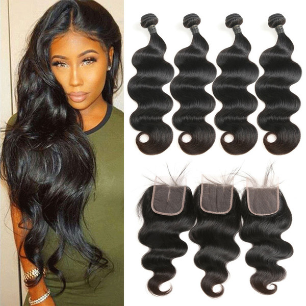 Brazilian Hair Body Wave 4 Bundles With 4*4 Free/Middle/Three Lace Closure Human Hair Bundles With Closure Human Hair Extension 50g/bundle