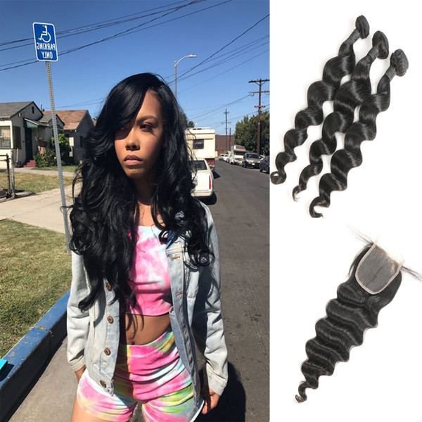 Natural Color Peruvian Loose Wave Human Hair 3 Bundles With 3 Part Lace Closure Made In Xuchang China