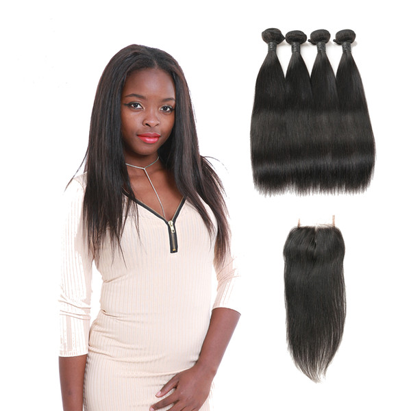 Indian Unprocessed Straight Virgin Human Hair Extension 4 Bundles Cheap With Middle Patr Lace Closure For Sale