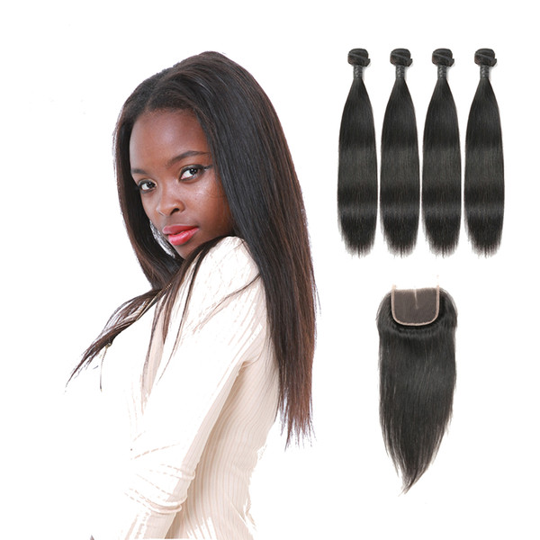 Grade 9A Natural Color Malysian Straight Hair Middle Part Closure With Human Hair Extensions 4 Bundles High Top Quality