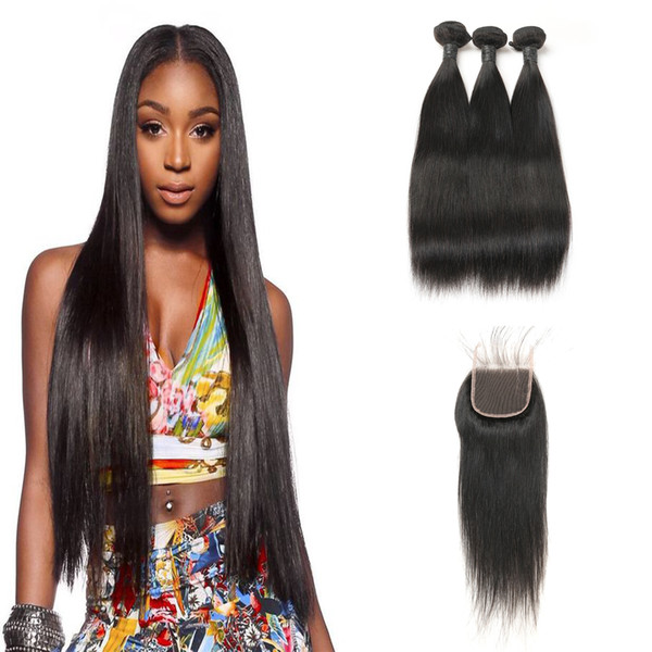 Laflare Hair Product 3 Bundles Brazilian Silky Virgin Straight Hair Extensions With 3 Part Lace Closure Grade 9A On Sale