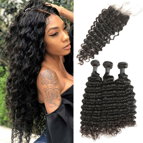 Malaysian Hair Weave Bundles With Closure 3 Bundle With 4*4 Free/Middle/Three Lace Closure Remy Human Hair Deep Wave Bundles With Closure