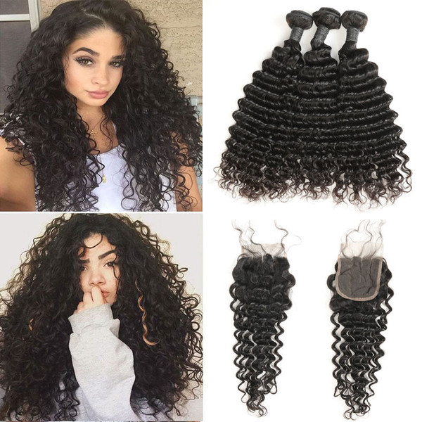 Deep Wave Bundles With Free/Middle/Three Closure Human Hair Bundles With 4*4 Lace Closure Peruvian Remy Hair Weave Bundles With Closure