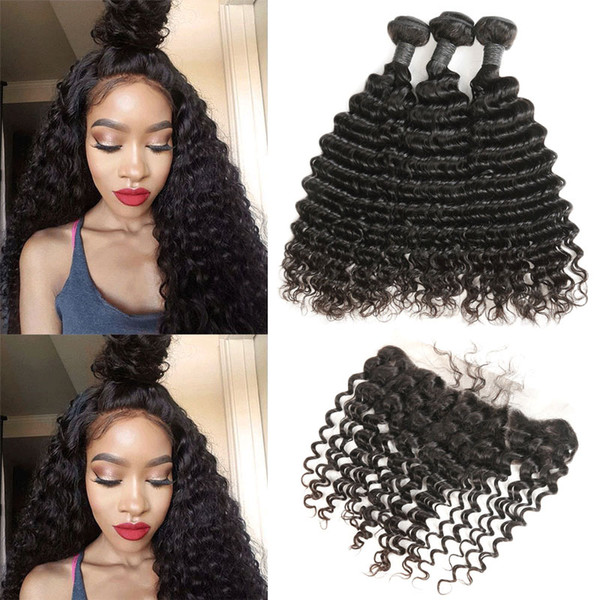 Malaysian Deep Wave 3 Bundles With Frontal 13*4 Ear to Ear Lace Frontal Remy Human Hair Extension