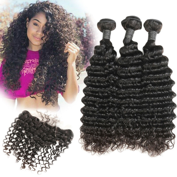 Brazilian Deep Wave Hair Weave 100% 3 Bundles Human Hair Bundles With 13*4 Lace Frontal Natural Black Remy Hair Extension