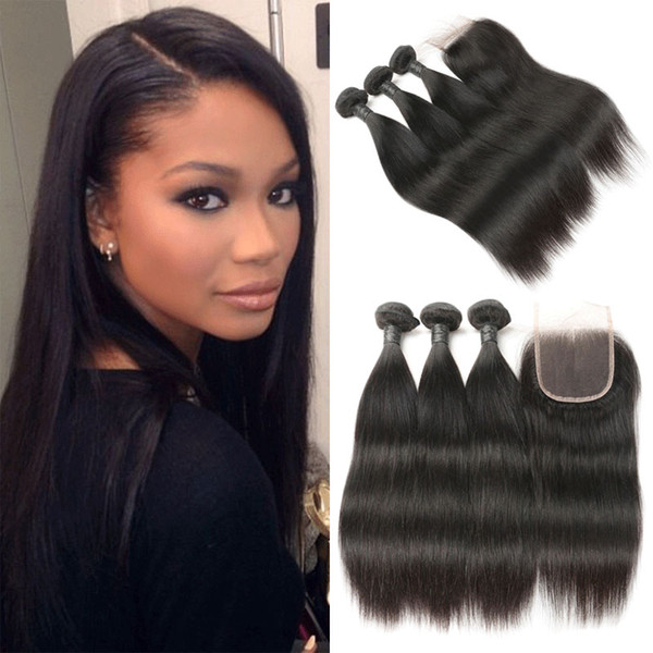 Peruvian Straight Hair 3 Bundles With 4*4 Free/Middle/Three Part Lace Closure Double Weft Remy Human Hair Bundles With Lace Closure