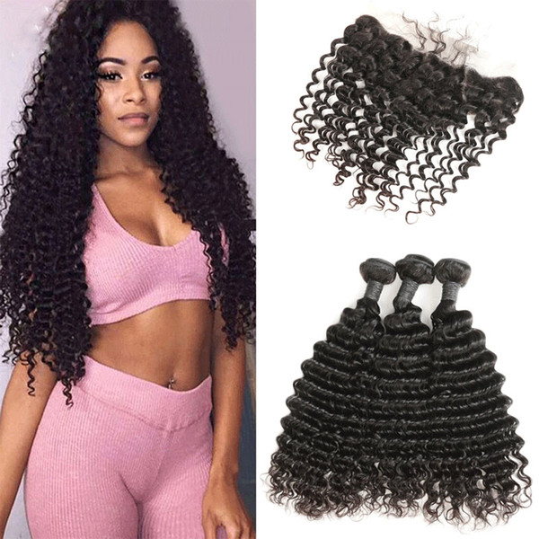 Indian Deep Wave Bundles With Frontal 100% Human Hair 3 Bundles With 13*4 Frontal Remy Hair Lace Frontal With Bundles