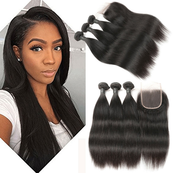 Brazilian Straight Hair Remy Hair 3 Bundles Human Hair Weave With 4*4 Free/Middle/Three Part Swiss Lace Closure 1B Natural Color