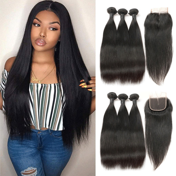 Indian Hair Weave Straight Human Hair 3 Bundles With 44 Free/MiddleThree Part Lace Closure 100% Remy Human Hair Bundles With Closure Natural