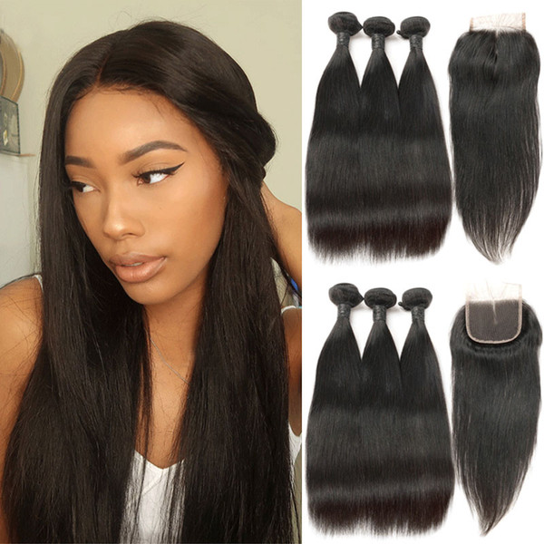 Malaysian Straight Hair 3 Bundles With Closure 100% Remy Human Hair Bundles With Closure 4*4 Middle/Free/Three Part Lace Closure