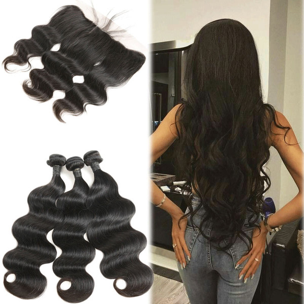 13x4 Lace Frontal Closure With Bundles Brazilian Body Wave Human Hair Bundles With Lace Frontal Remy Hair Natural Black Color