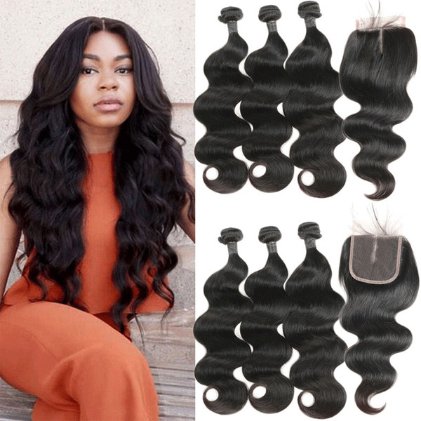 Indian Body Wave 100% Human Hair 3 Bundles With 4*4 Lace Closure Middlle Side Part Remy Hair Extensions