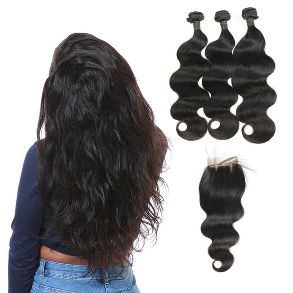 Brazilian Hair Weave Bundles Body Wave 3 Bundles With 4*4 Three Part Closure Remy Natural Color Human Hair Bundles Body Wave