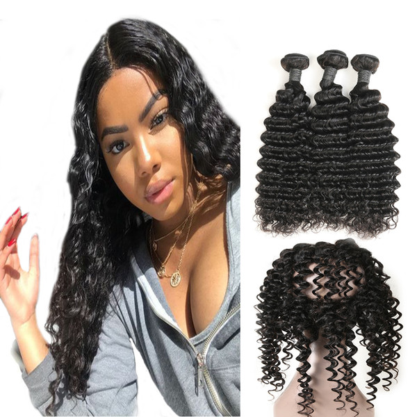 360 Full Lace Frontal Closure With 3 Bundles Brazilian Virgin Hair Weaves Deep Wave Human Hair Extenions