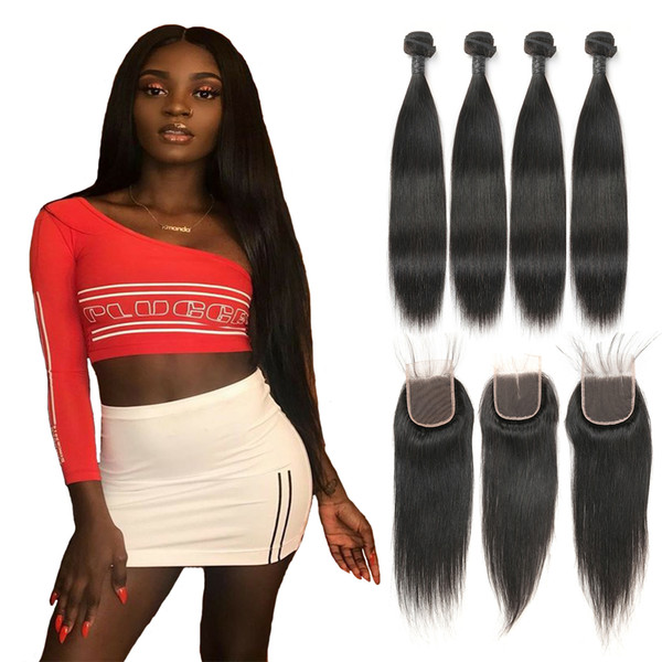 Cheap 9A Peruvian Virgin Hair Straight With 4X4 Lace Closure Human Hair Extensions Weaves 4 Bundles With Closure