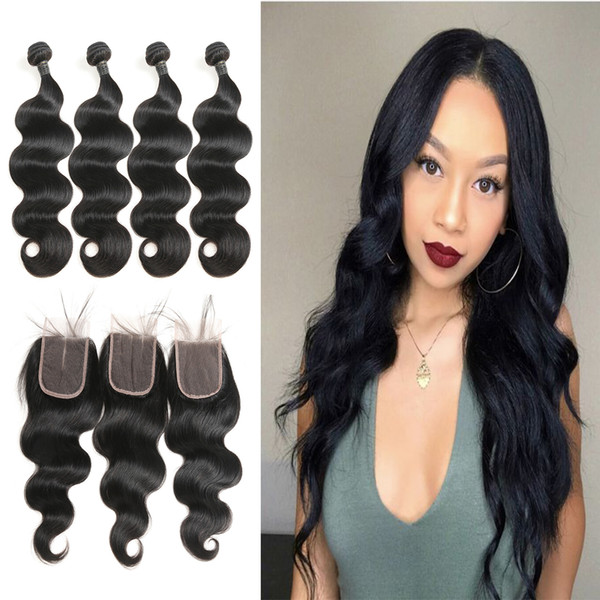 9A Indian Virgin Hair With Closure Extensions Milk Unprocessed Hair Weave 4 Bundles Brazilian Body Wave Hair With 4X4 Lace Closure