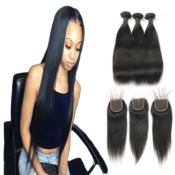 Indian Unprocessed Virgin Hair With 4X4 Lace Closure Unprocessed Soft Straight Human Hair 3 Bundles On Sale