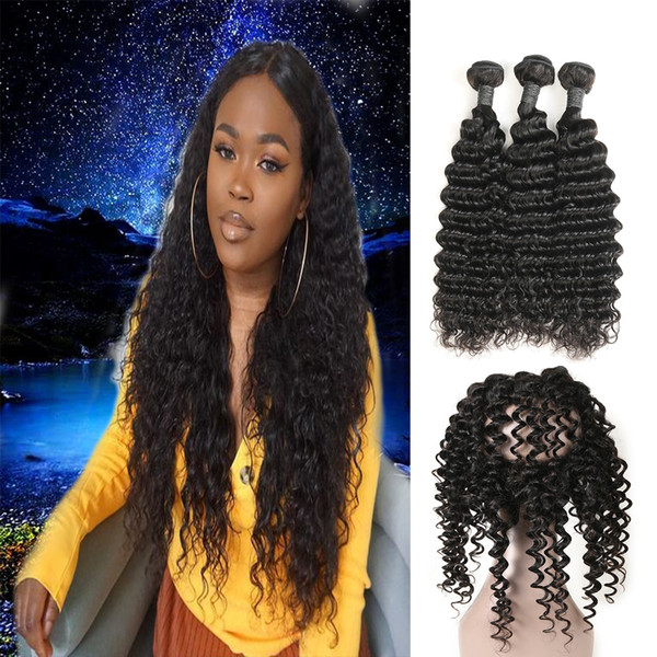 Pre Plucked Peruvian Deep Wave Virgin Hair Weave 3 Bundles With 360 Lace Band Frontal Closure With Baby Hair