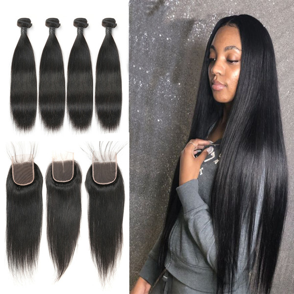 4 Bundles Brazilian Straight Human Hair Weaves Extensions With Closure Free Middle Three Part Double Weft Hair On Sale