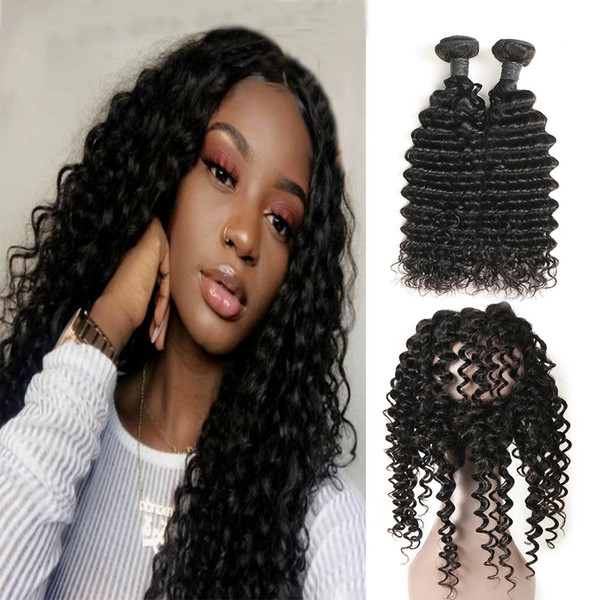 Deep Wave Pre Plucked 360 Lace Frontal Closure With Bundles Malaysian Unprocessed Human Hair Natural Black 2 Pieces/Lot Hair Extension