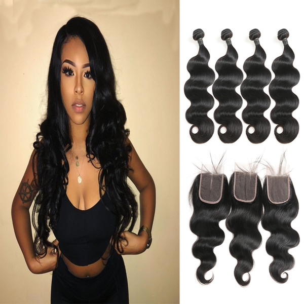 Free Part, Middle Part, 3 Part Top 4X4 Lace Closure With 4 Bundles Silky Body Wave Peruvian Virgin Human Hair