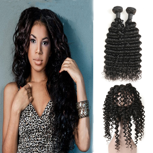 Peruvian Virgin Unprocessed Human Hair Weaves Deep Wave 2 Bundes With Pre Plucked 360 Frontal Closure