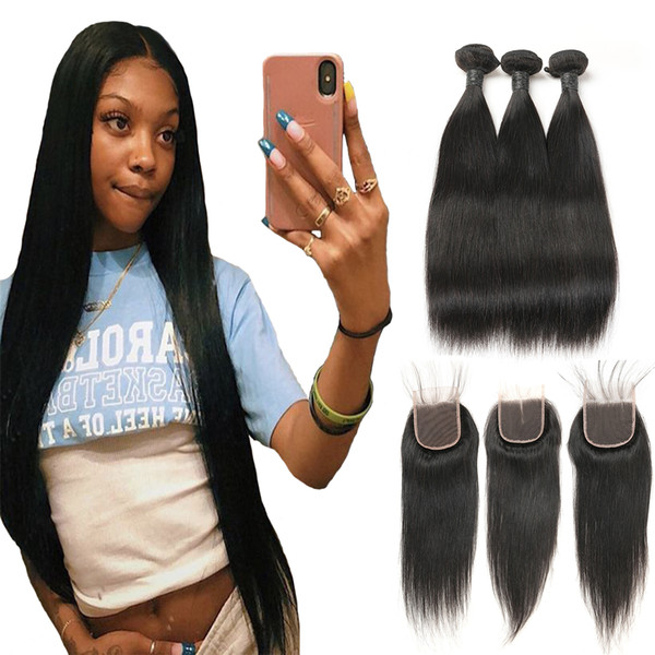 Brazilian Straight Human Hair Weaves Extensions 3 Bundles With Closure Free Middle Three Part Double Weft Hair 100G/Pcs