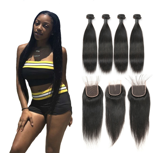 Laflare Hair Product Indian Virgin Hair Straight With 4X4 Lace Closure Human Hair Extensions Weaves 4 Bundles With Closure