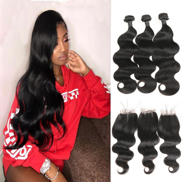 Free Part, Middle Part, 3 Part Top 4X4 Lace Closure With 3 Bundles Silky Body Wave Malaysian Virgin Human Hair