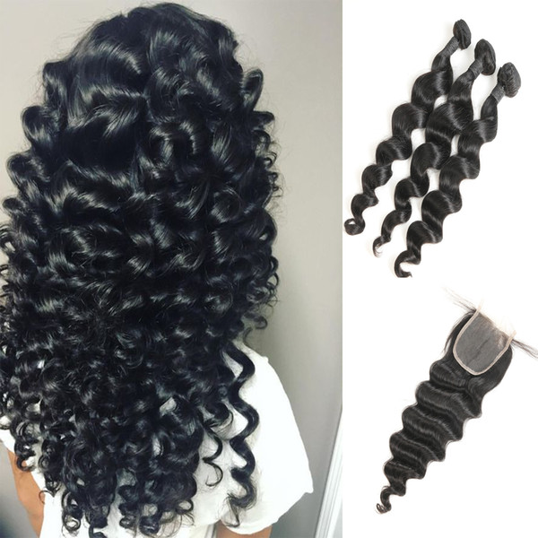 Brazilian Curly Three Part Lace Closure With Loose Wave Unprocessed Human Hair Extension 3 Bundles For Sale