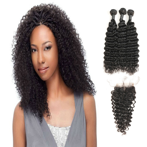 Sell Fast Fashion Promotion Brazilian Deep Wave Virgin Natural Human Hair 3 Bundles With Middle Part Lace Closure