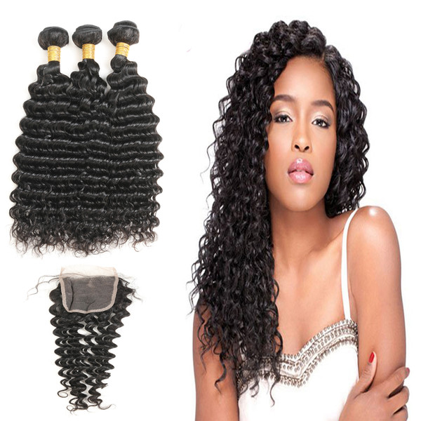 Hot Sale Peruvian Virgin Silky Deep Wave 3 Bundles With Free Part 4*4 Closure Factory Directly Supply On Sale