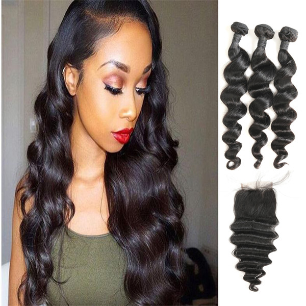 High Quality Malaysian Hair With Cheap Price 3 Bundles Loose Wave Hair Extensions With Free Part Lace Closure