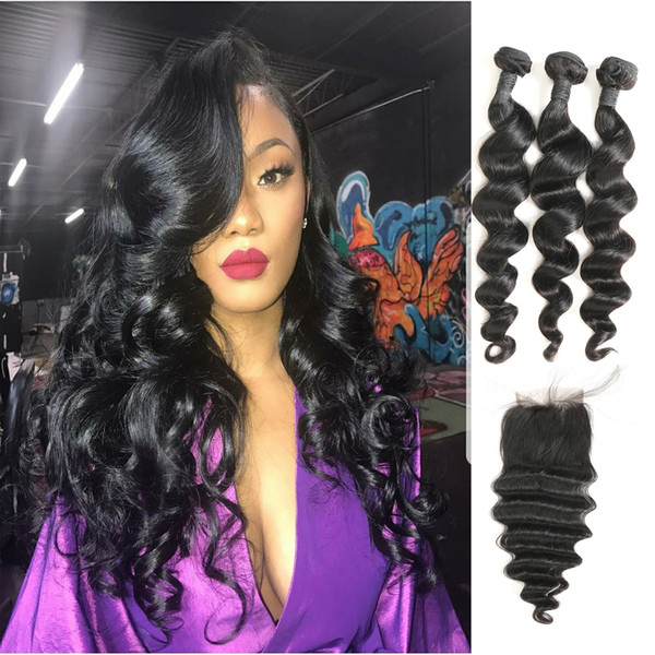 Laflare Hair Product Brazilian Virgin Unprocessed Loose Wave Cheap Human Hair Bundles 3Pcs With Free Part Lace Closure