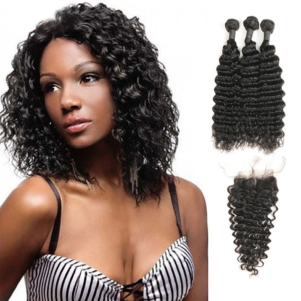 Laflare Hair Company Indian Virgin 100% Natural Human Hair Deep Wave 3 Bundles With Middle Part Closure On Sale