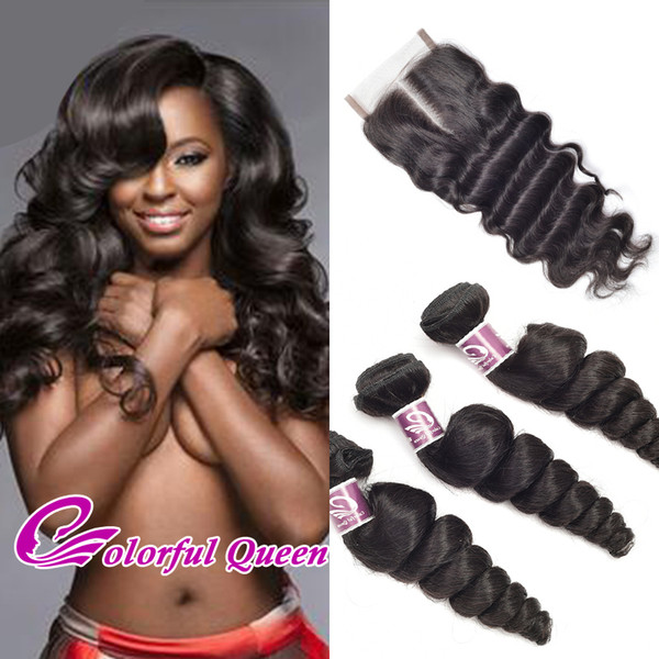 7A Raw Indian Virgin Hair Loose Wave 3 Bundles with Closure Indian Loose Wave Virgin Hair with Closure with Baby Hair Loose Curl