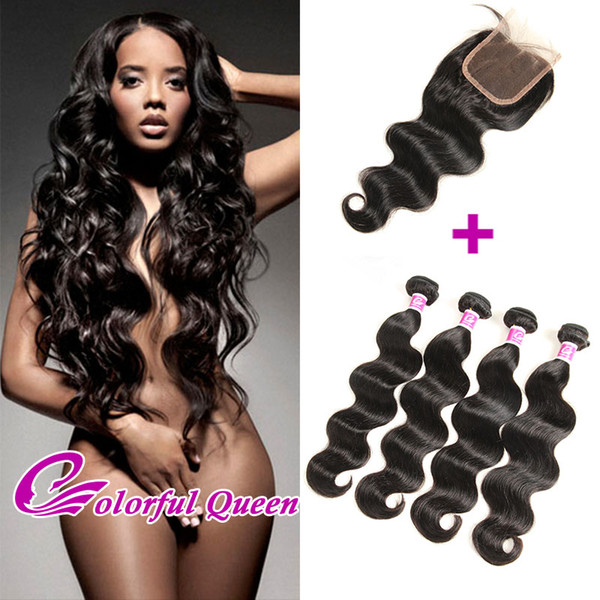 Malaysian Virgin Hair Body Wave 4 Bundles with Closure Baby Hair 5Pcs/Lot 8A Malaysian Virgin Human Hair Bundles with Lace Closure Bodywave