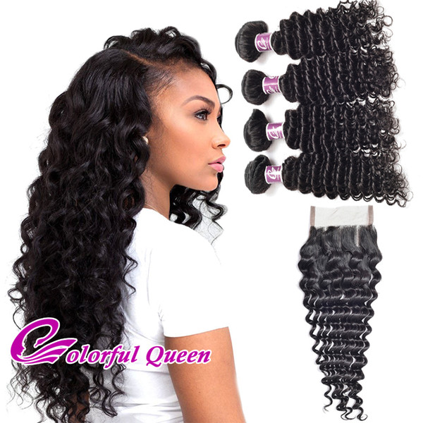 Peruvian Curly Hair 4 Bundles With Closure Deep Curly Wave Peruvian Deep Curly Virgin Hair Weaves With Closure Deep Wave with Closures