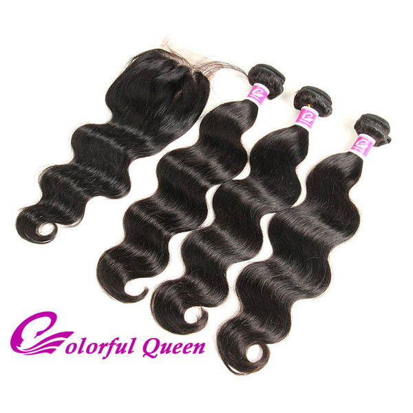 Brazilian Virgin Hair 3 Bundles Body Wave with Closure Wet and Wavy Human Hair Weaves with 4x4 Lace Closure Natural Black 4pcs/Lot