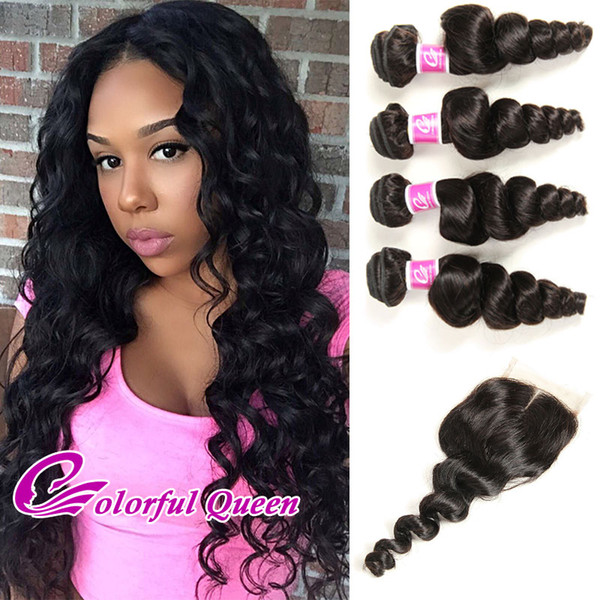 Colorful Queen Brazilian Virgin Hair 4 Bundles With Closure Loose Curly Brazilian Loose Wave With Closure 5Pcs Human Hair Weaves Closures