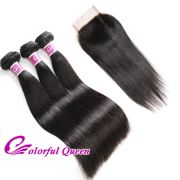 Human Hair 3 Bundles with Lace Closure Baby Hair Peruvian Straight Virgin Human Hair with Closures 4 Pcs/Lot Weaves Closure with Bundles