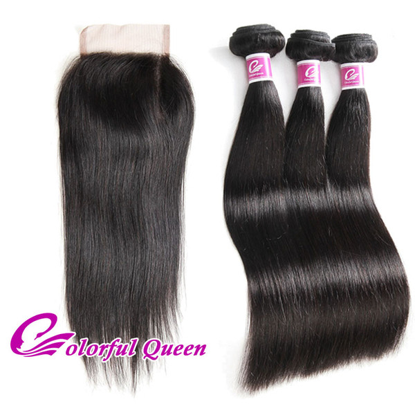 Colorful Queen Indian Virgin Hair Straight Hair Weave With Closure Raw Indian Silky Straight Unprocessed Human Virgin Hair with Lace Closure