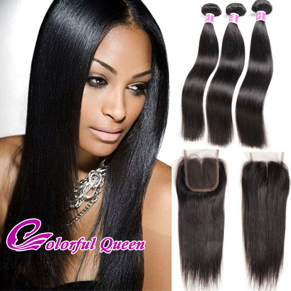 Brazilian Straight Virgin Hair Weave Bundles with Lace Closure Baby Hair Brazilian Straight Hair Weaves Closure 4x4 Closure with Bundles