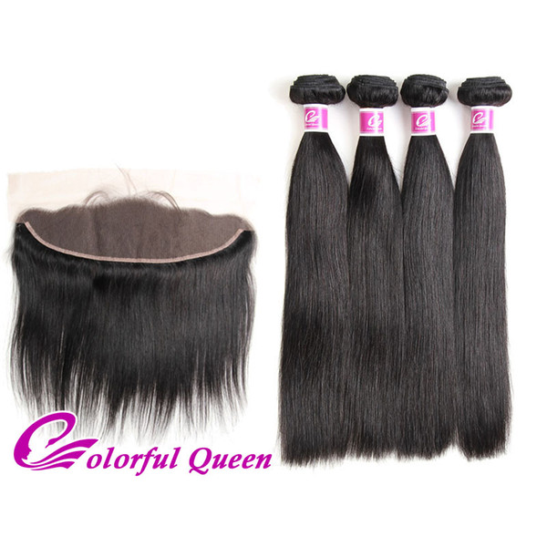 Colorful Queen Raw Indian Hair 4 Bundles with Lace Frontal Closure 5Pcs/Lot Indian Silky Straight Virgin Hair with Lace Frontal Closure